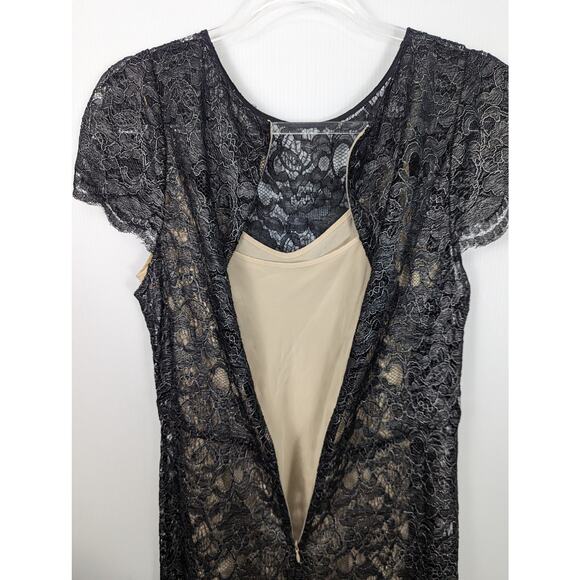 L’Agence Sheer Black Silver Lace Sheath Dress w/ Tan Silk Slip Short Sleeve 10 - Picture 10 of 11